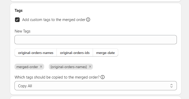 Merged Order Settings tags